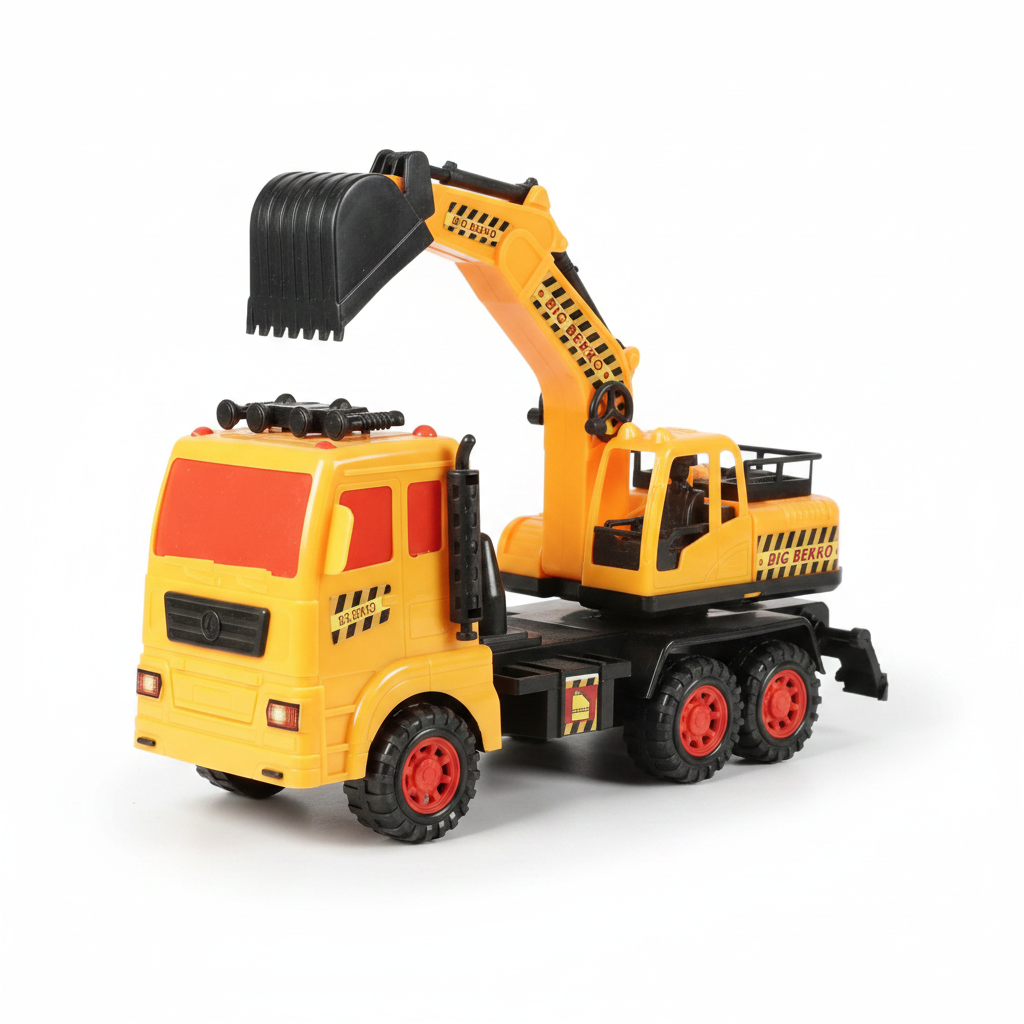 Yellow construction excavator truck toy with crane arm and red wheels