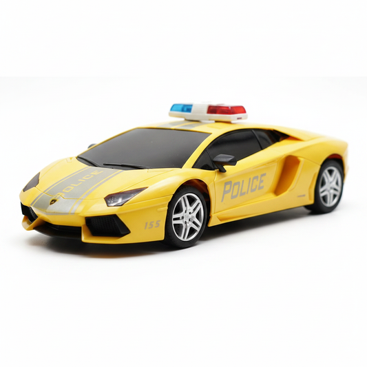 Yellow police RC toy car Lamborghini style with blue red siren lights