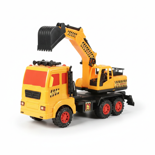 Yellow construction excavator truck toy with crane arm and red wheels